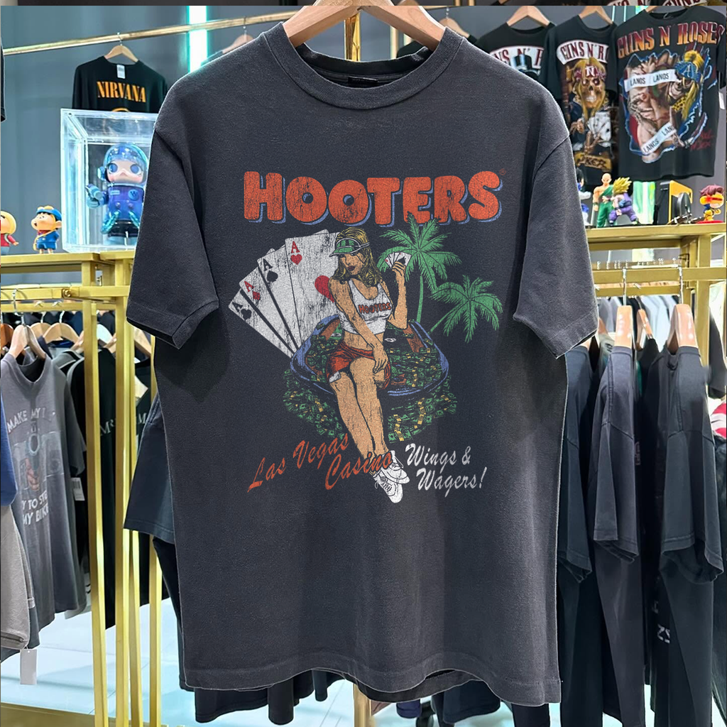 Y2K Hooter 'Wings And Wagers' Las Vegas Rare Washed Black T-Shirt