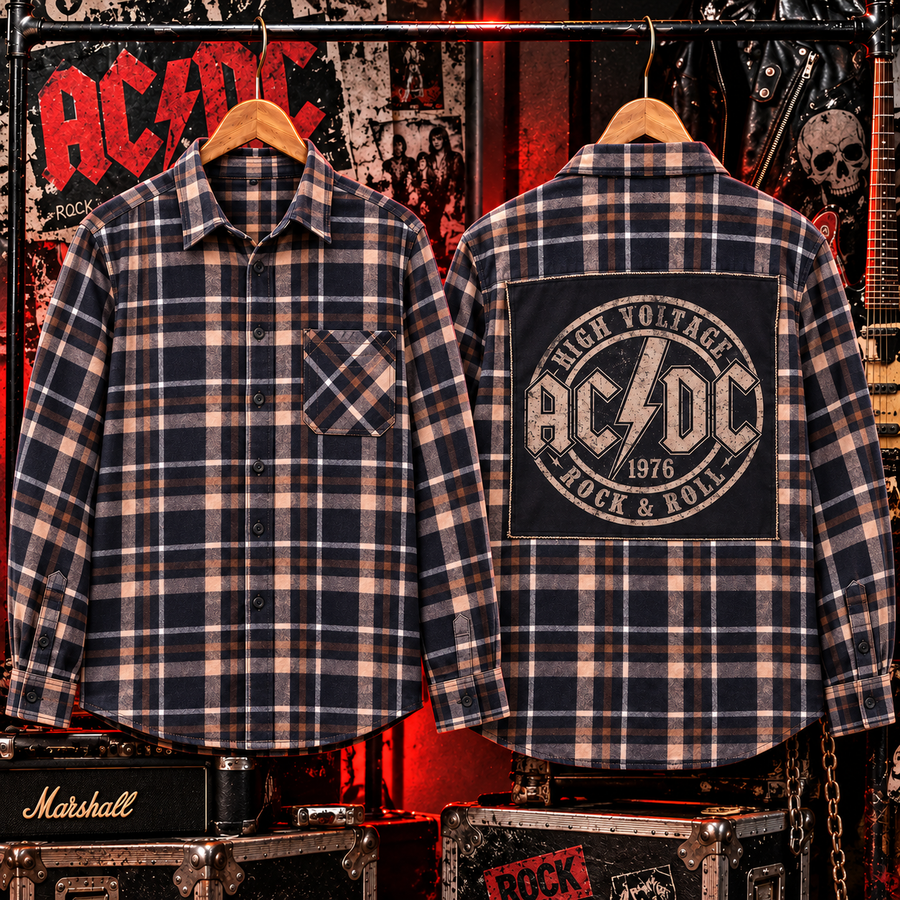 Style 6 — muted dark plaid with AC/DC High Voltage 1976 Rock and Roll patch