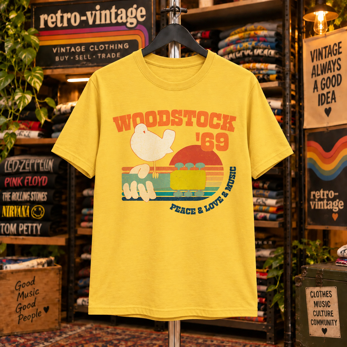 Woodstock 69 Peace Love and Music graphic T-shirt