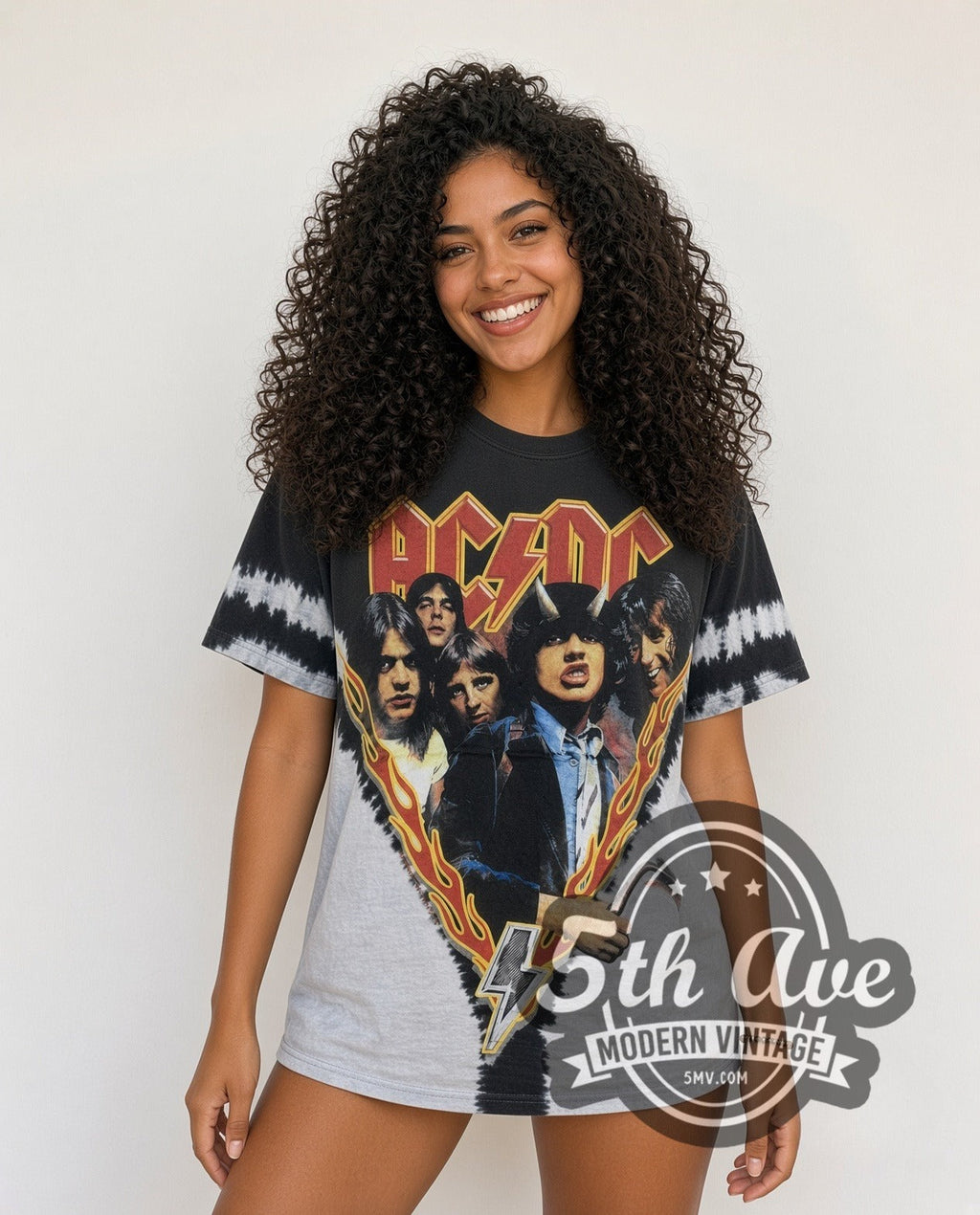 AC/DC – Highway to Hell Flame V Black Grey Tie-Dye – Vintage Band T-Shirt