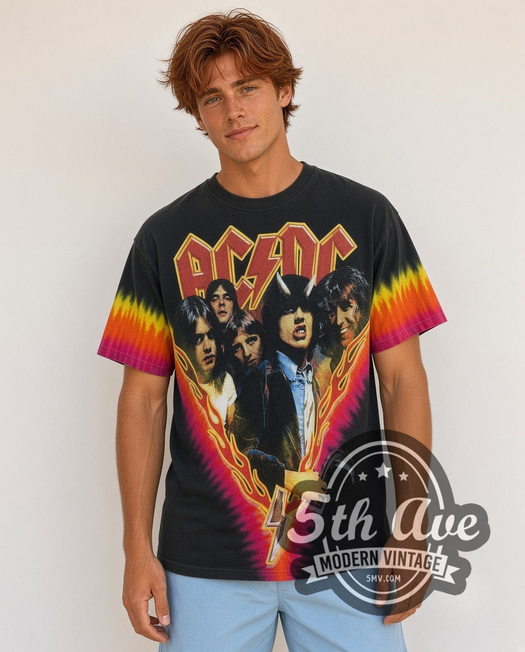 AC/DC – Highway to Hell Flame V Pink Yellow Tie-Dye – Vintage Band T-Shirt