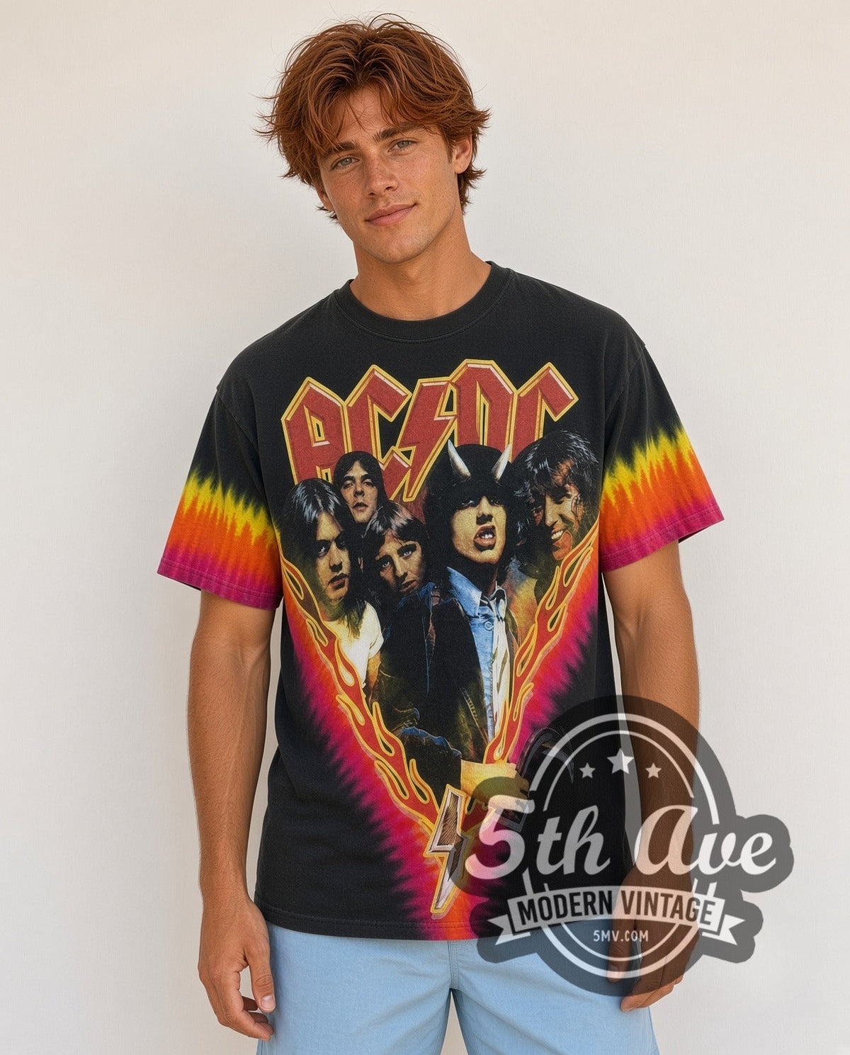 AC/DC – Highway to Hell Flame V Pink Yellow Tie-Dye – Vintage Band T-Shirt