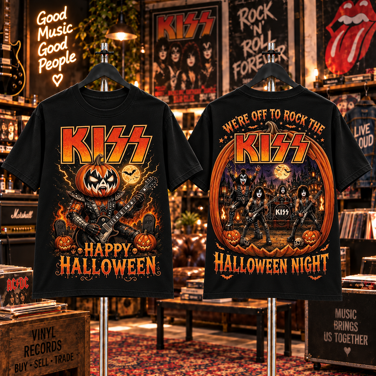KISS Halloween pumpkin rock band T-shirt shown front and back
