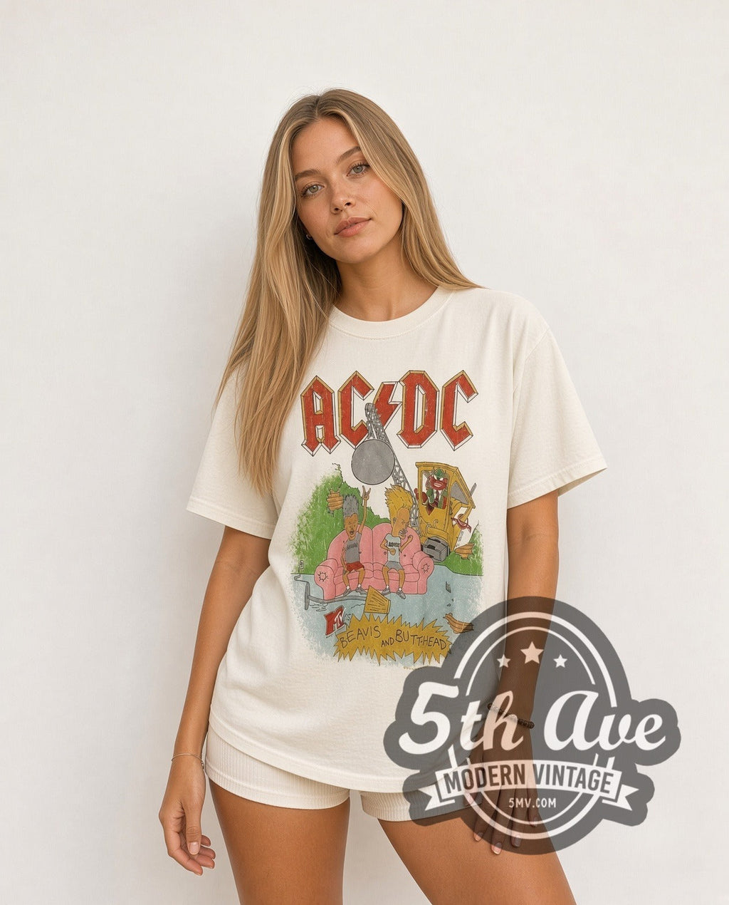 AC/DC x Beavis and Butt-Head – Pink Couch White Tee Wrecking Ball – Vintage Band T-Shirt