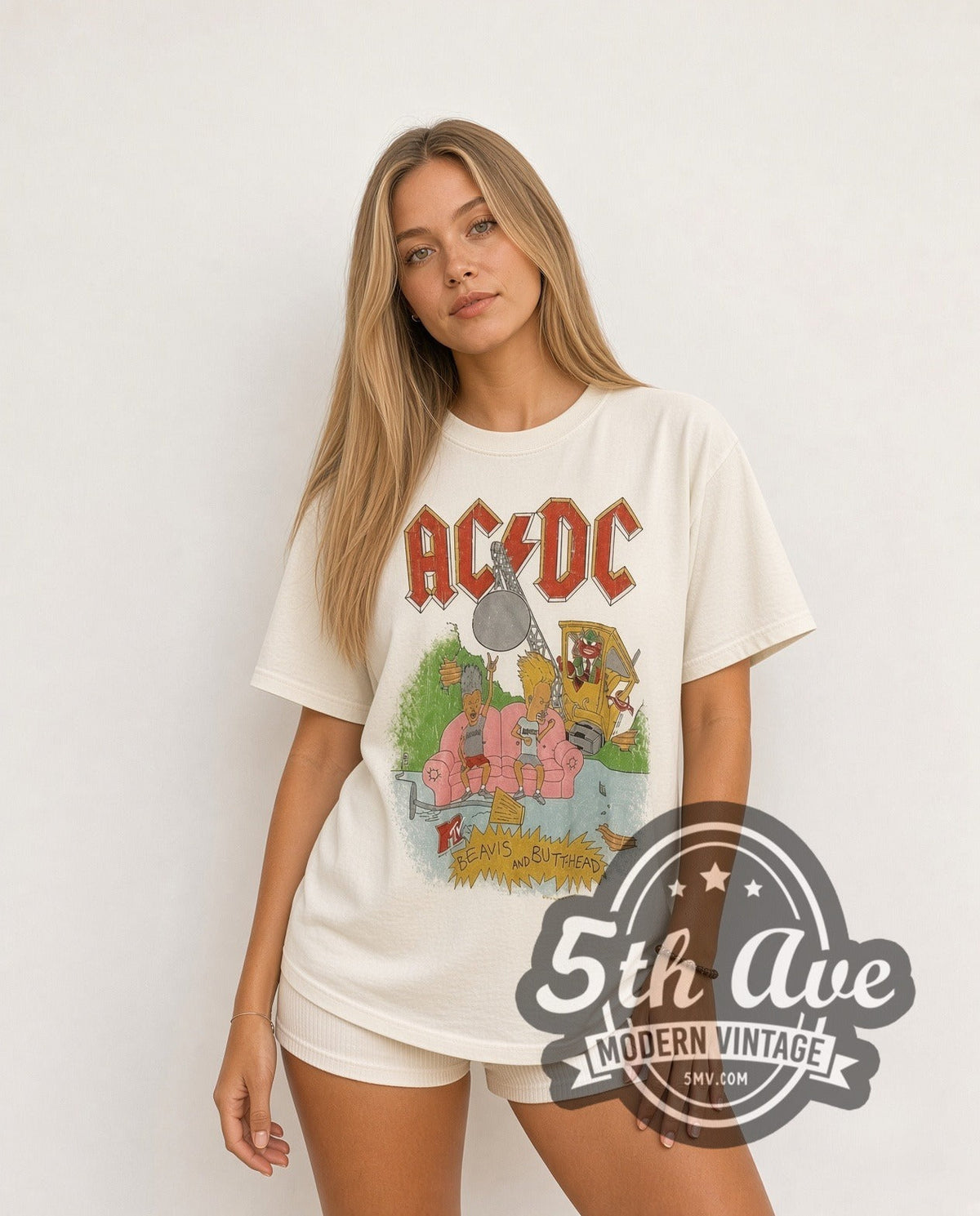 AC/DC x Beavis and Butt-Head – Pink Couch White Tee Wrecking Ball – Vintage Band T-Shirt