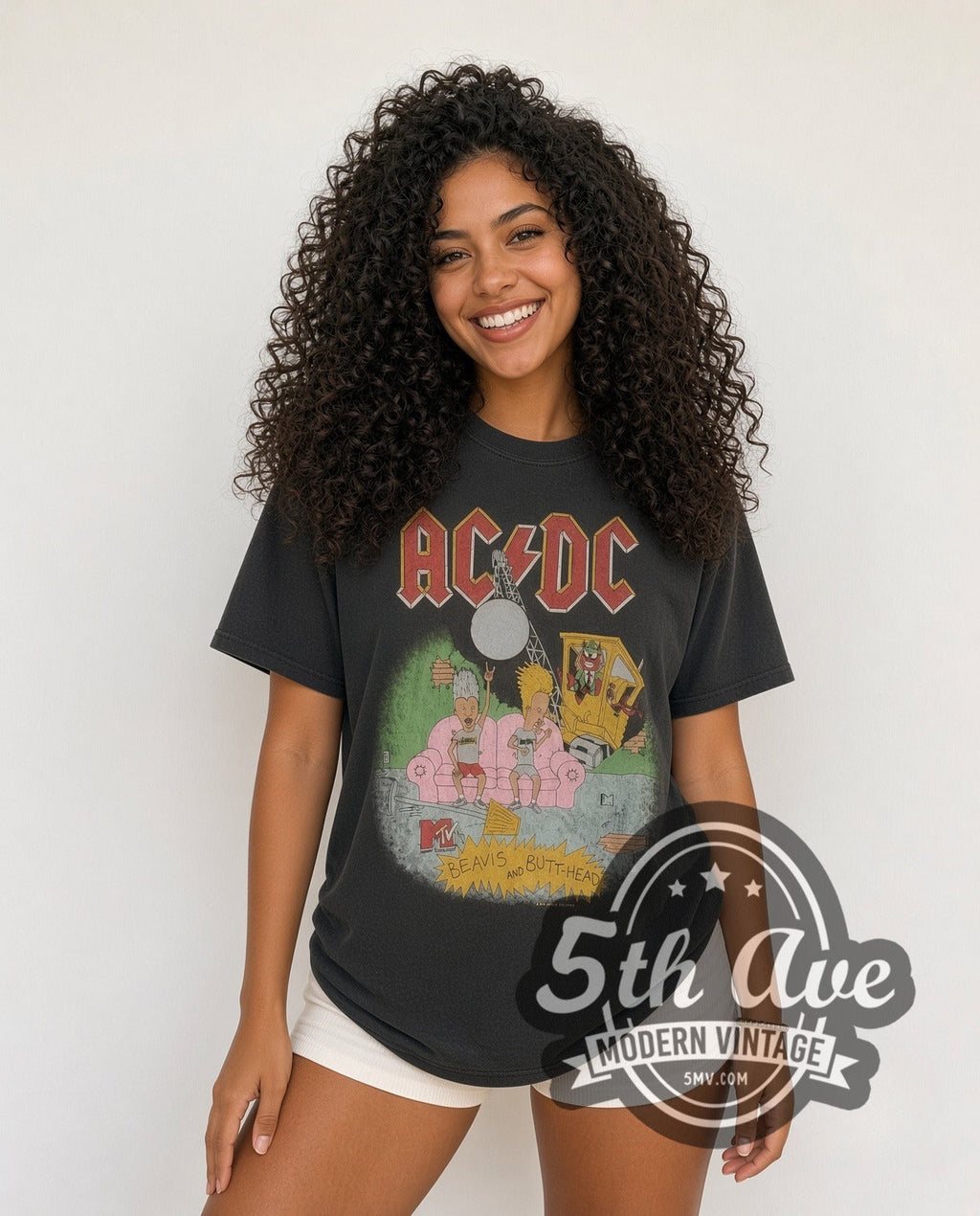 AC/DC x Beavis and Butt-Head – Pink Couch MTV Washed Black – Vintage Band T-Shirt