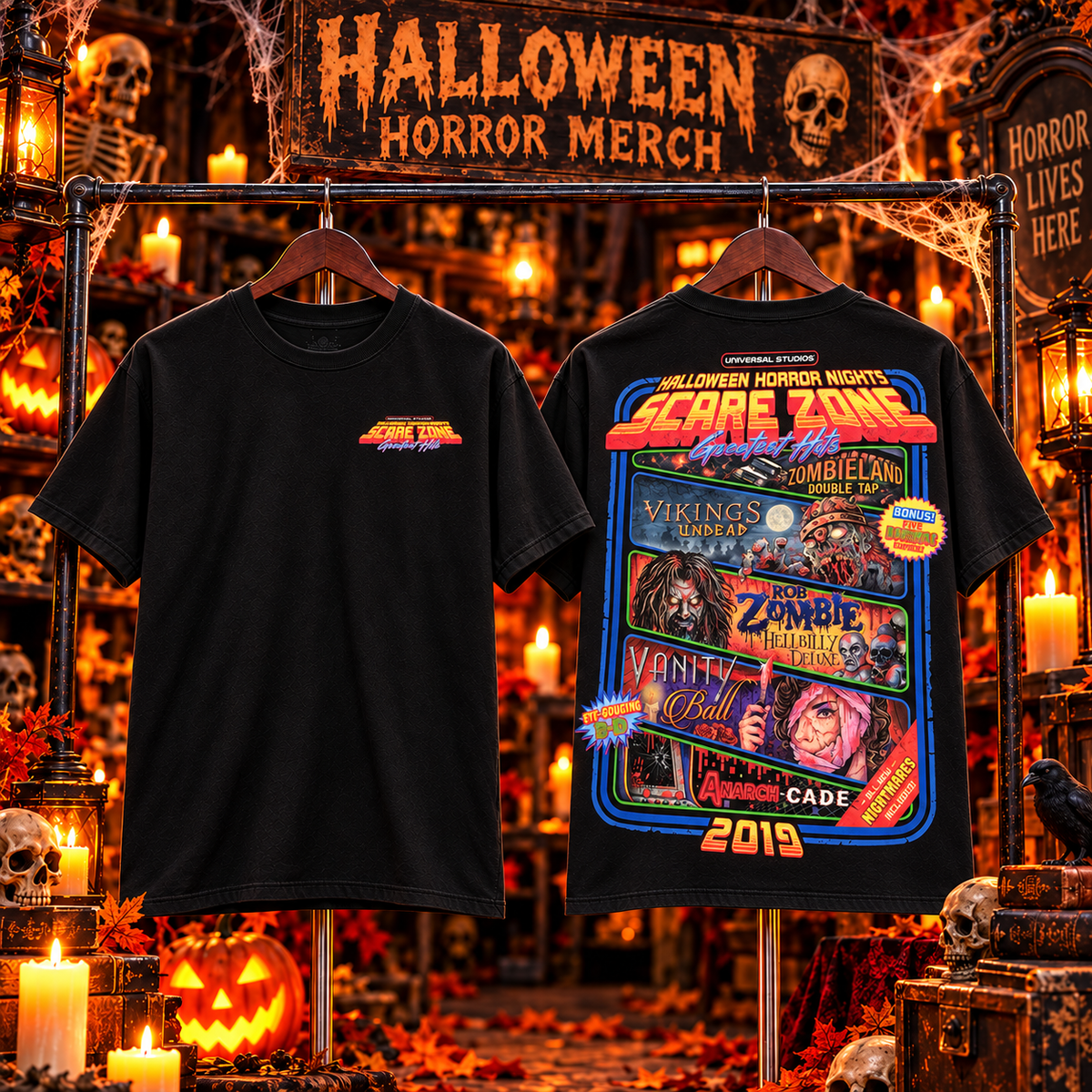 Retro Halloween scare zone black T-shirt front and back