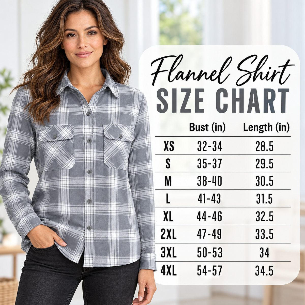Flannel Shirt Size Chart: bust and shirt length measurements in inches, XS through 4XL