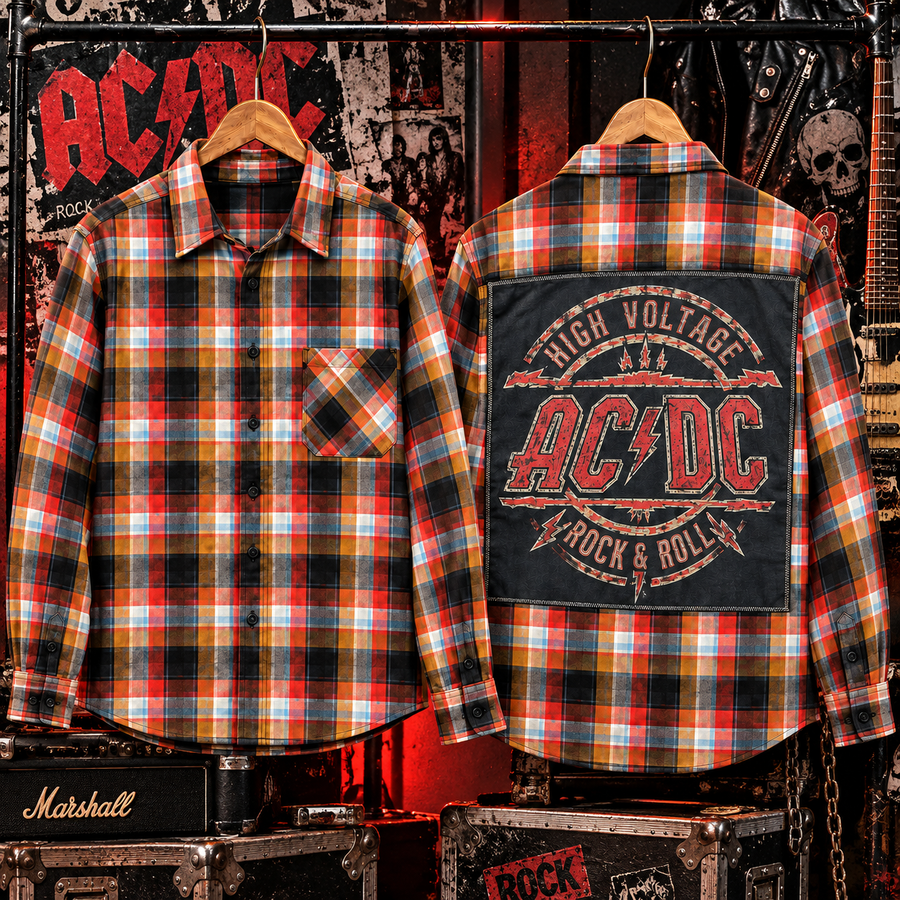 Style 5 — colorful warm plaid with AC/DC High Voltage Rock and Roll back patch