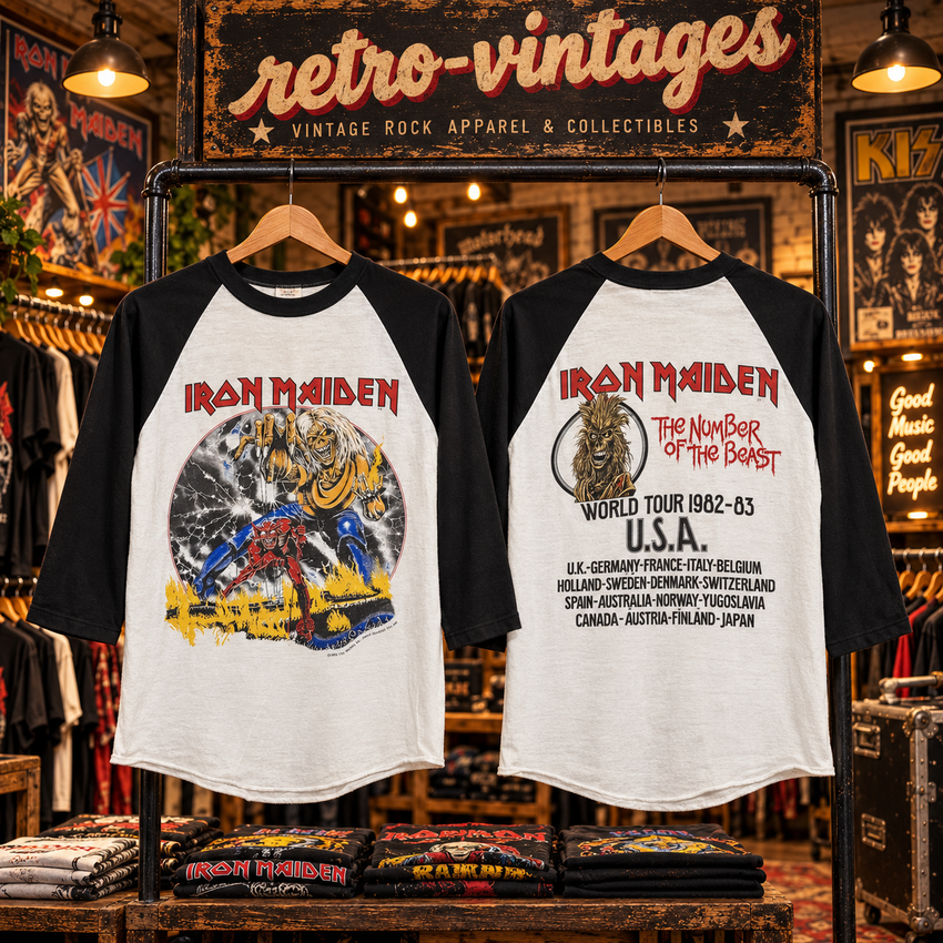 The Number of the Beast-inspired Iron Maiden black-and-white raglan shirt front and back