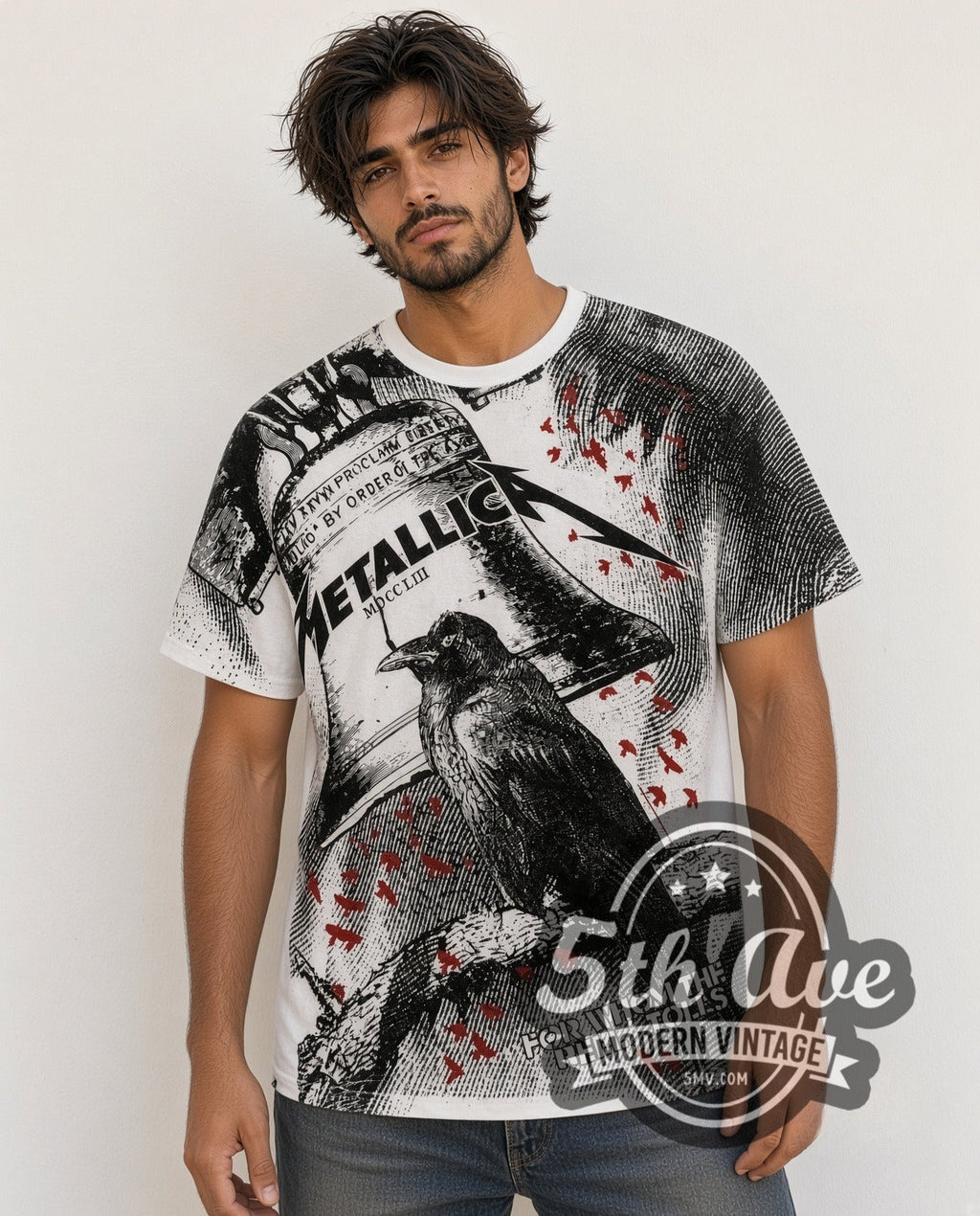 Metallica – For Whom the Bell Tolls Crow White All Over Print – Vintage Band T-Shirt