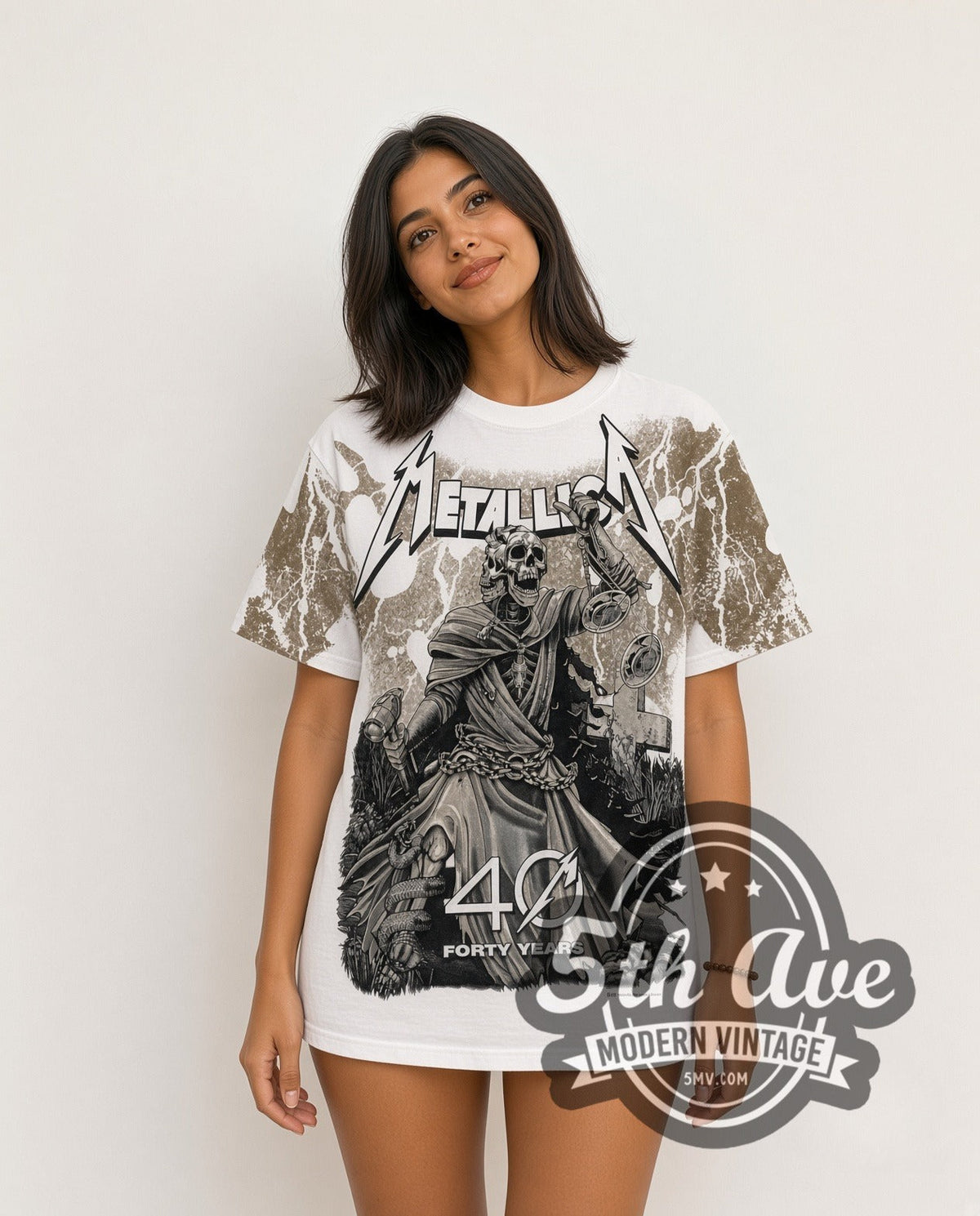 Metallica – 40 Years Lady Justice All Over Print (White) – Vintage Band T-Shirt