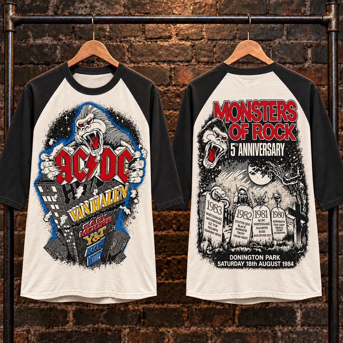 Monsters of Rock 1984 tribute raglan T-shirt, front with giant gorilla illustration and back with graveyard scene