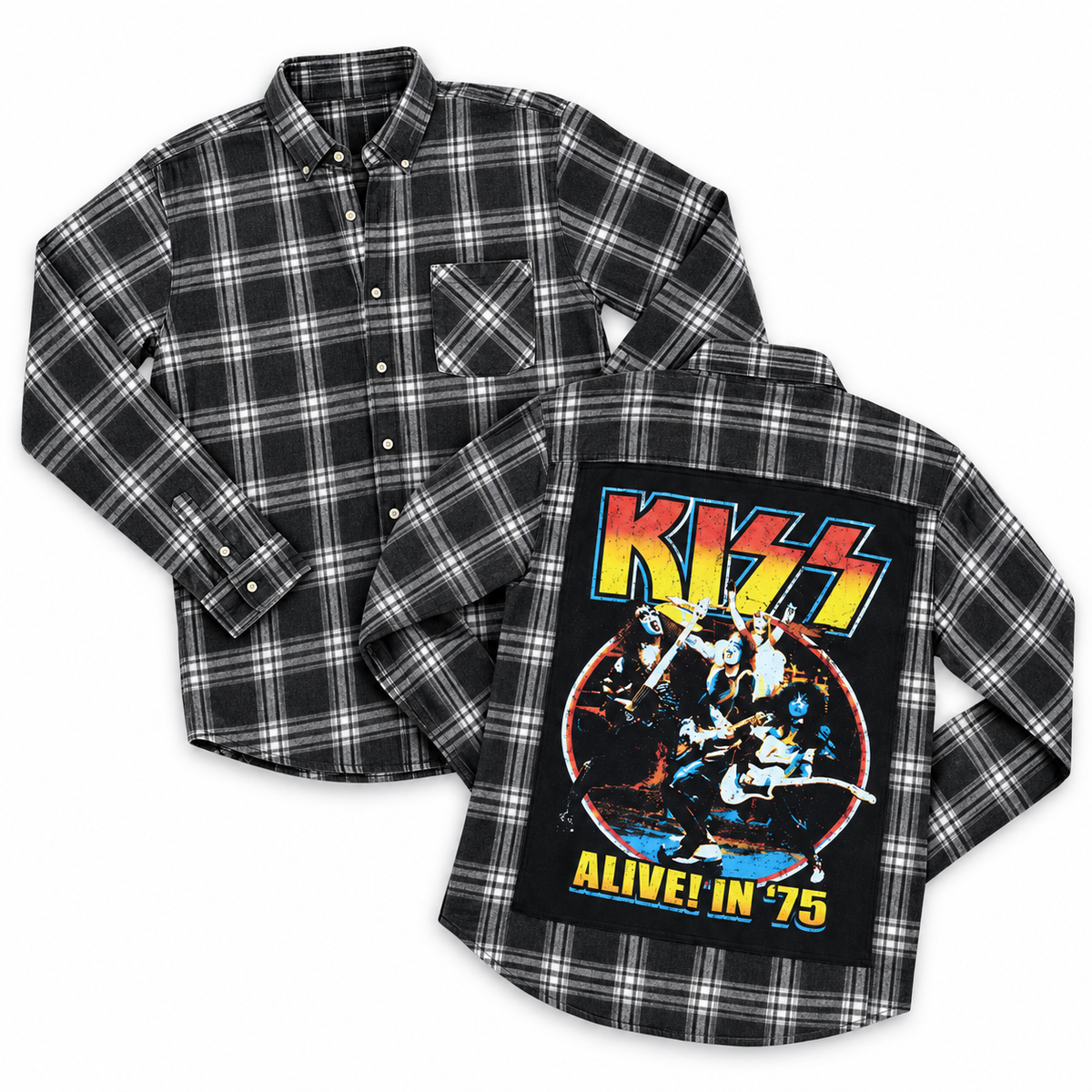 Black and white plaid flannel, KISS Alive in 75 inspired graphic