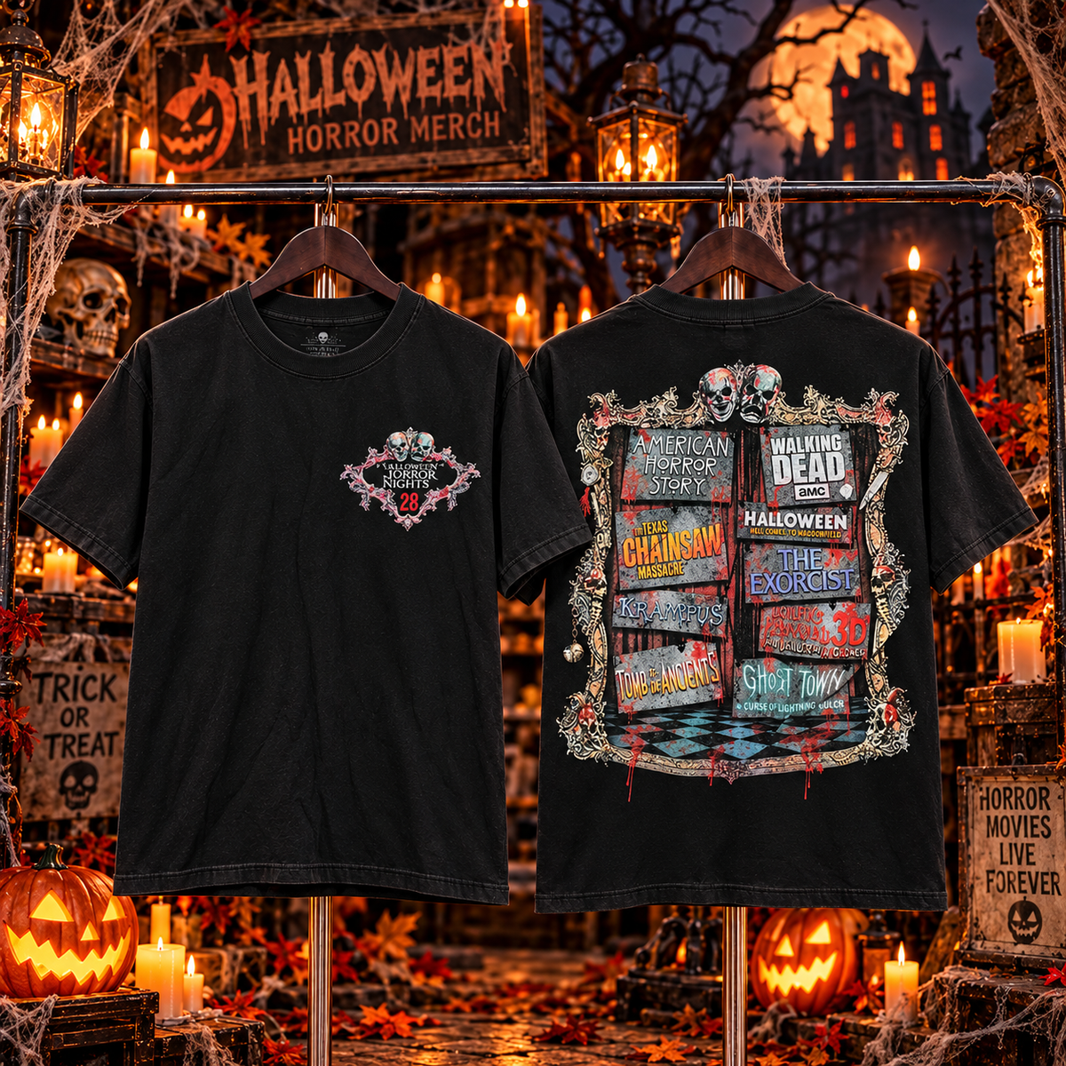 Vintage Halloween horror event T-shirt design shown front and back
