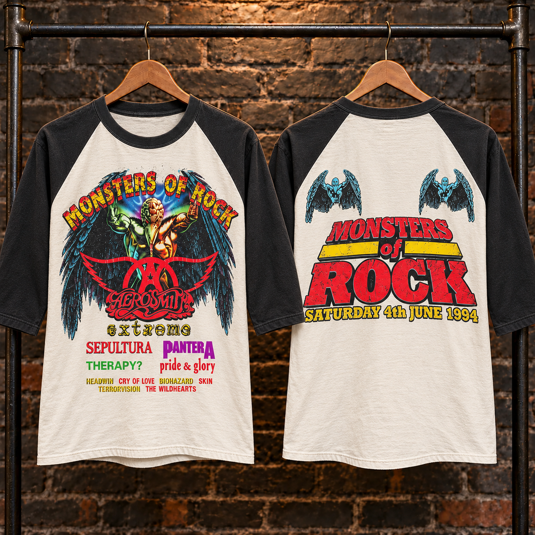1994 Monsters of Rock vintage-style raglan T-shirt with winged front artwork and large concert title on back