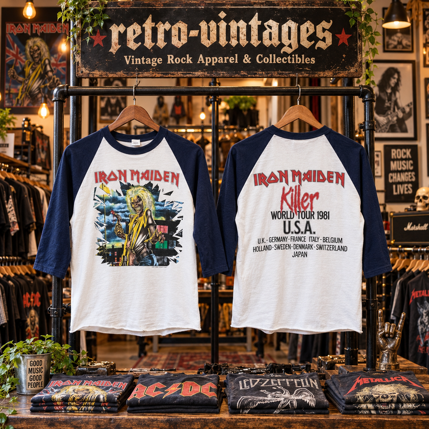Killer World Tour-inspired Iron Maiden navy-and-white raglan shirt front and back
