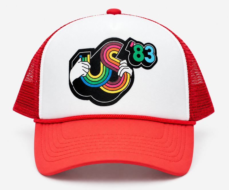 Coral red brim and red mesh US 83 hat