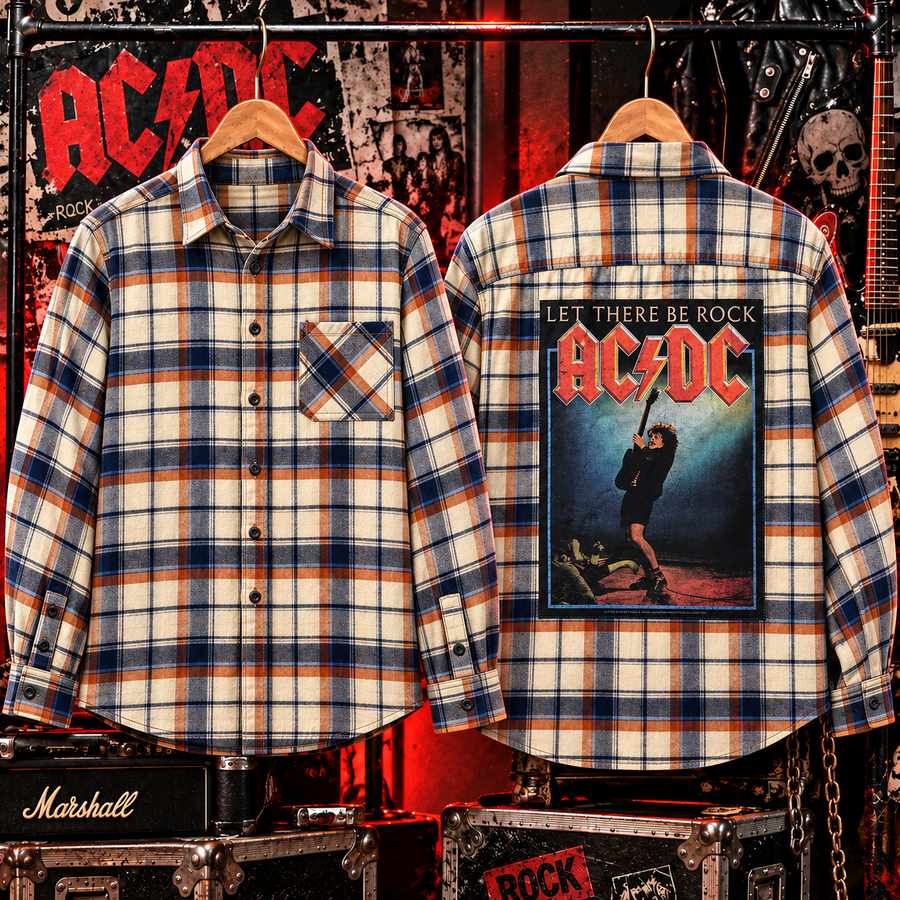 Style 4 — cream blue and rust plaid with AC/DC Let There Be Rock back patch