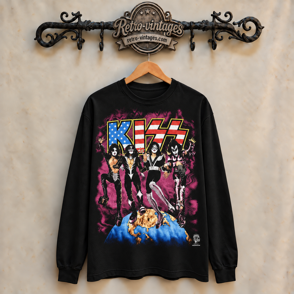 Black long sleeve KISS design with purple graphic and illustrated band members