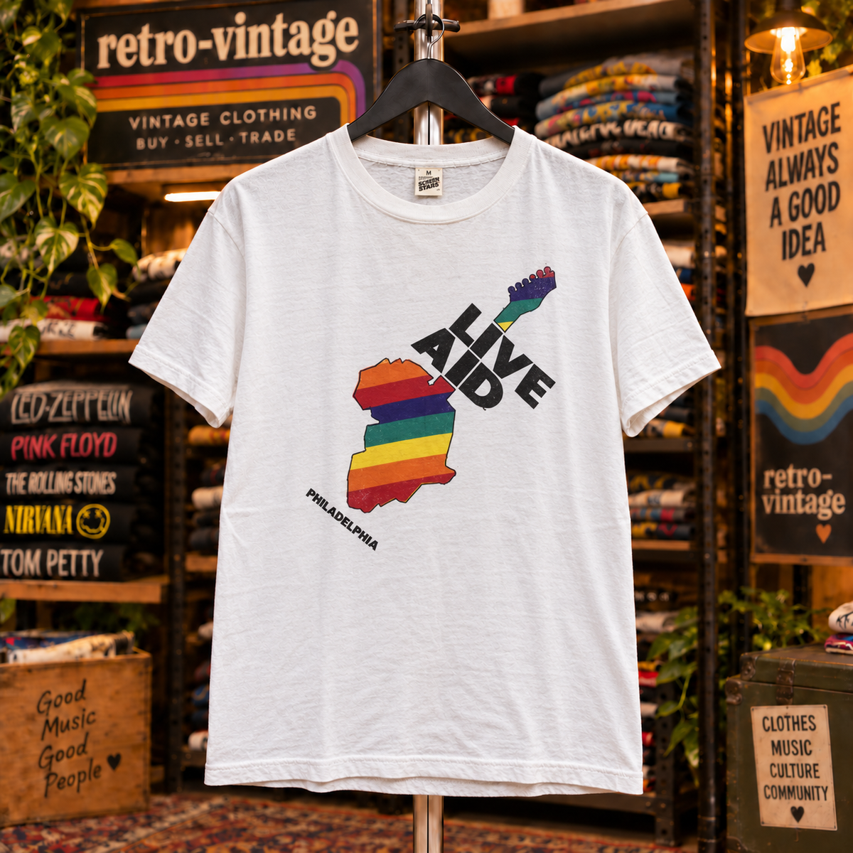 Live Aid Philadelphia rainbow guitar short sleeve T-shirt front