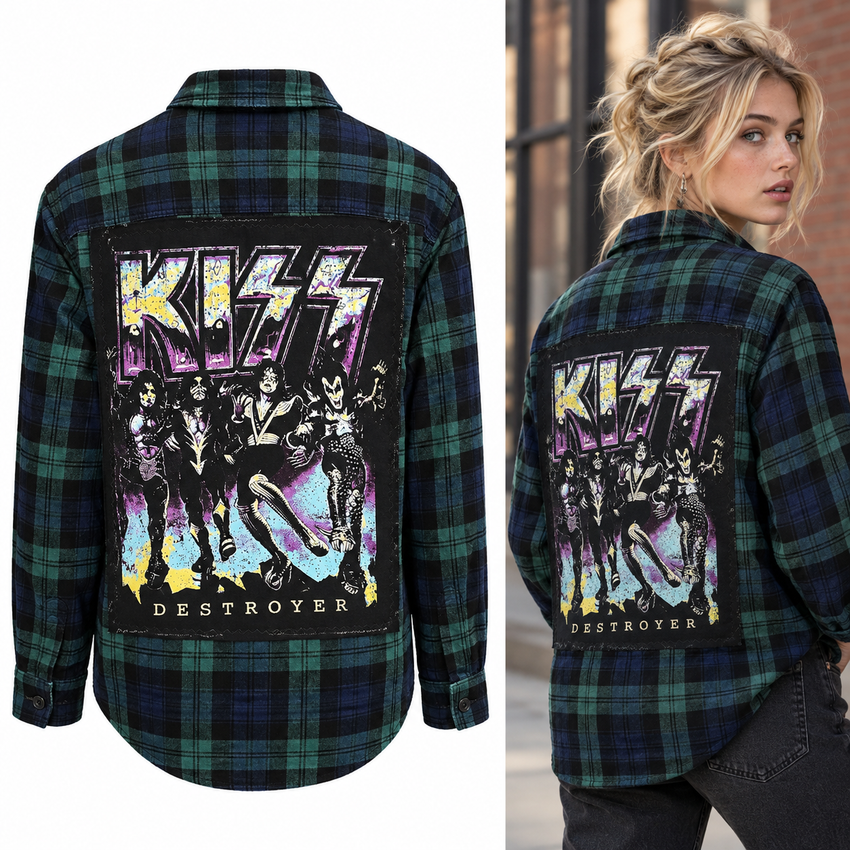Dark green and navy checked KISS flannel shirt, complete back graphic and model wearing it