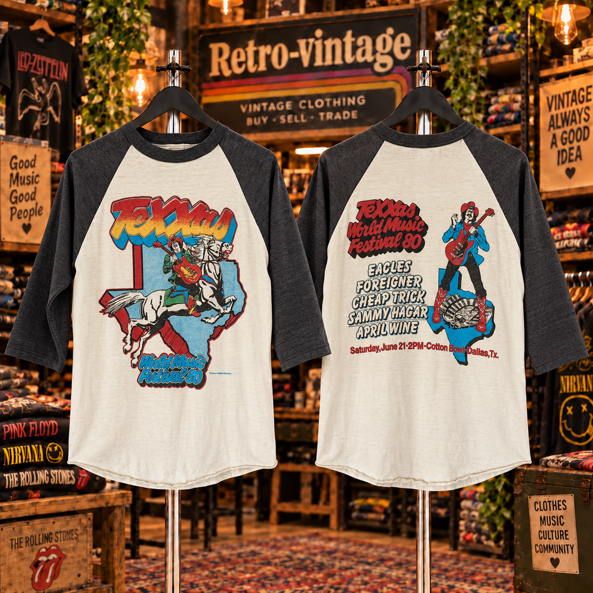 Texas World Music Festival 1980 inspired raglan, front and back
