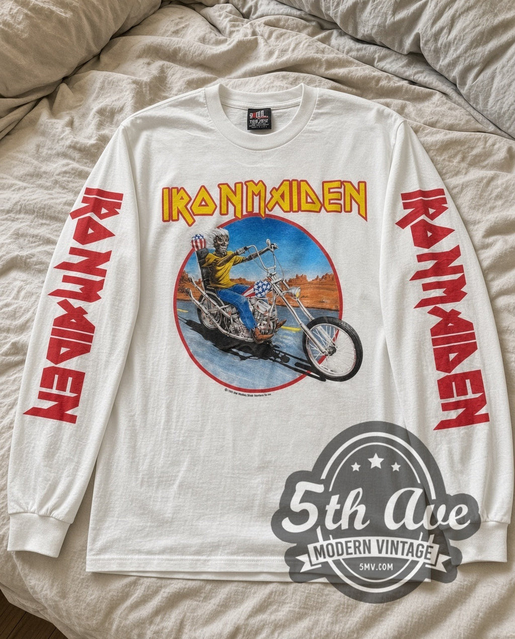 Iron Maiden – Eddie Motorcycle (White 2) – Vintage Band Long Sleeve T-Shirt