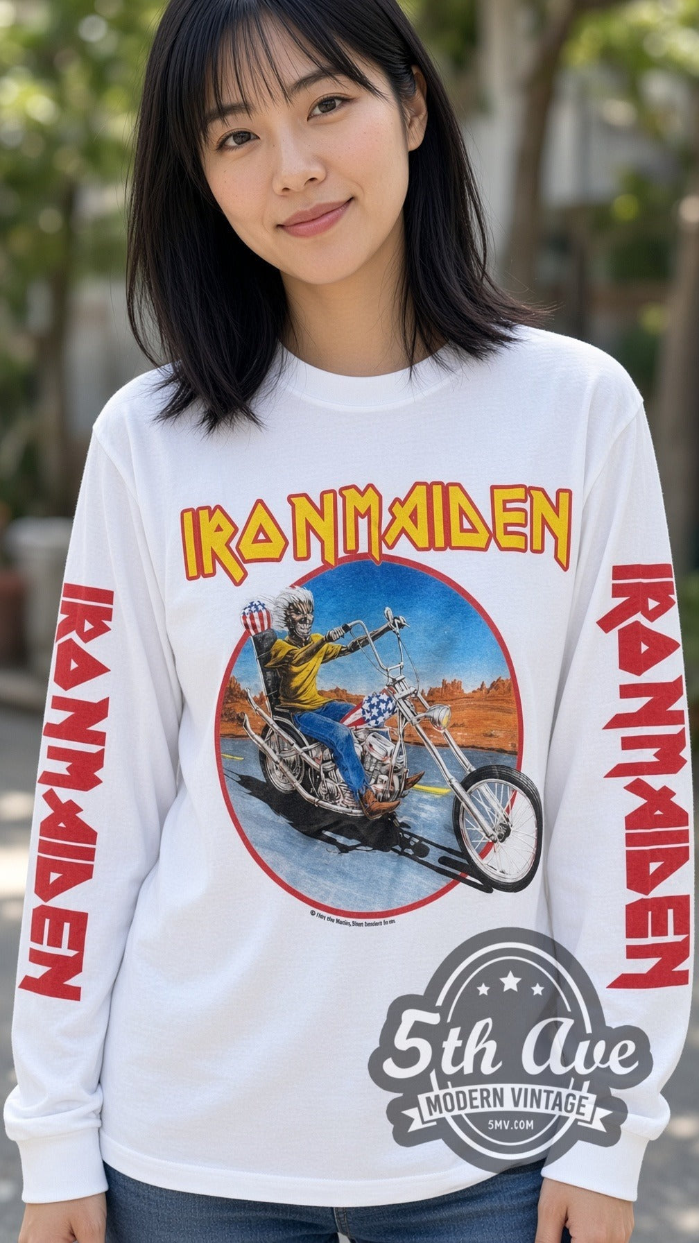 Iron Maiden – Eddie Motorcycle (White 2) – Vintage Band Long Sleeve T-Shirt