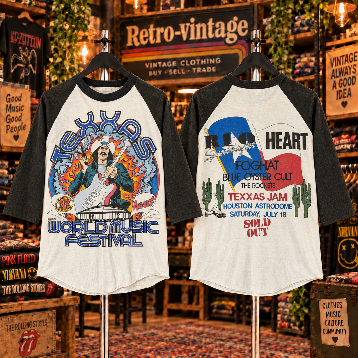 World Music Festival inspired raglan with Texas rock graphic, front and back