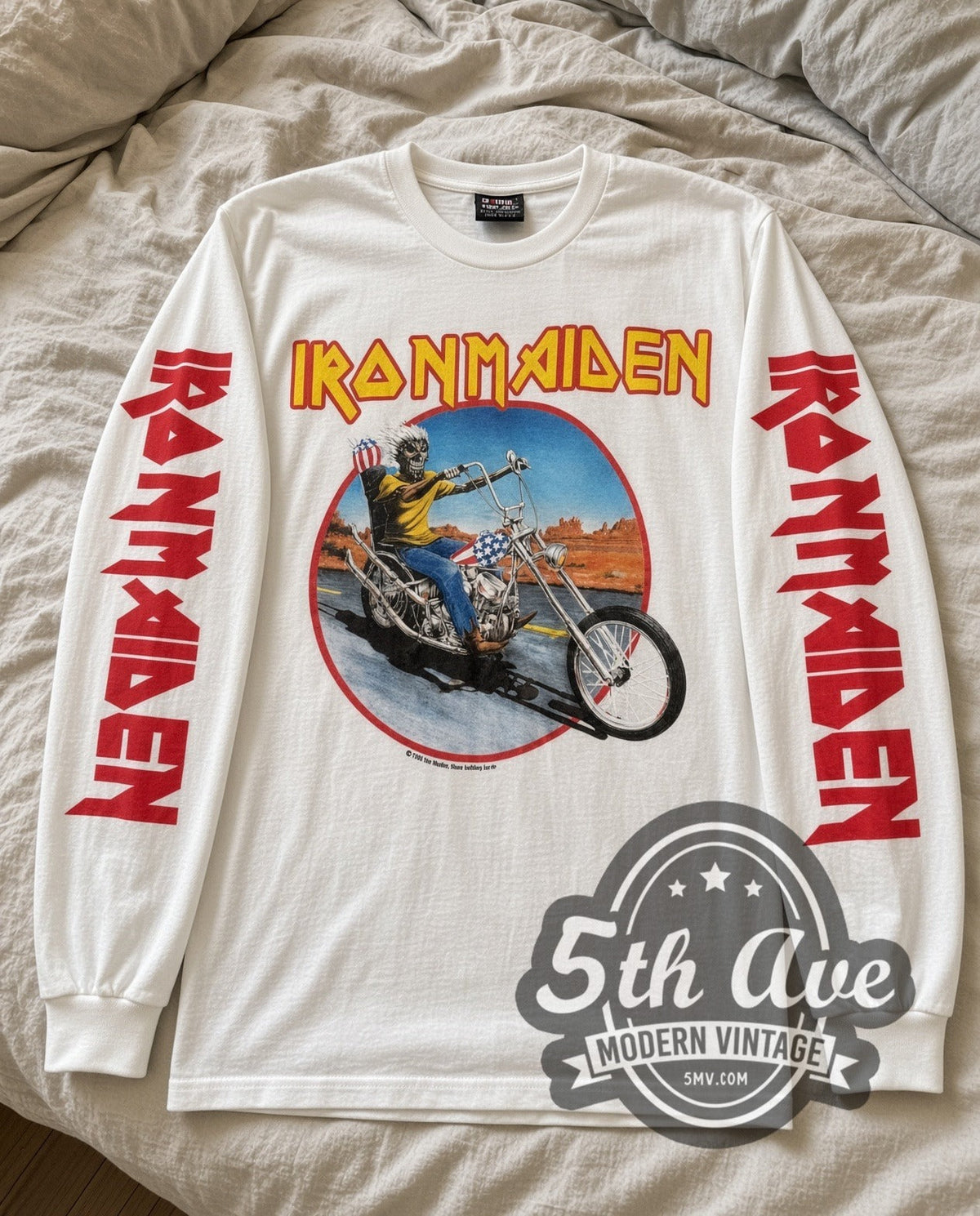 Iron Maiden – Eddie Motorcycle (White 3) – Vintage Band Long Sleeve T-Shirt