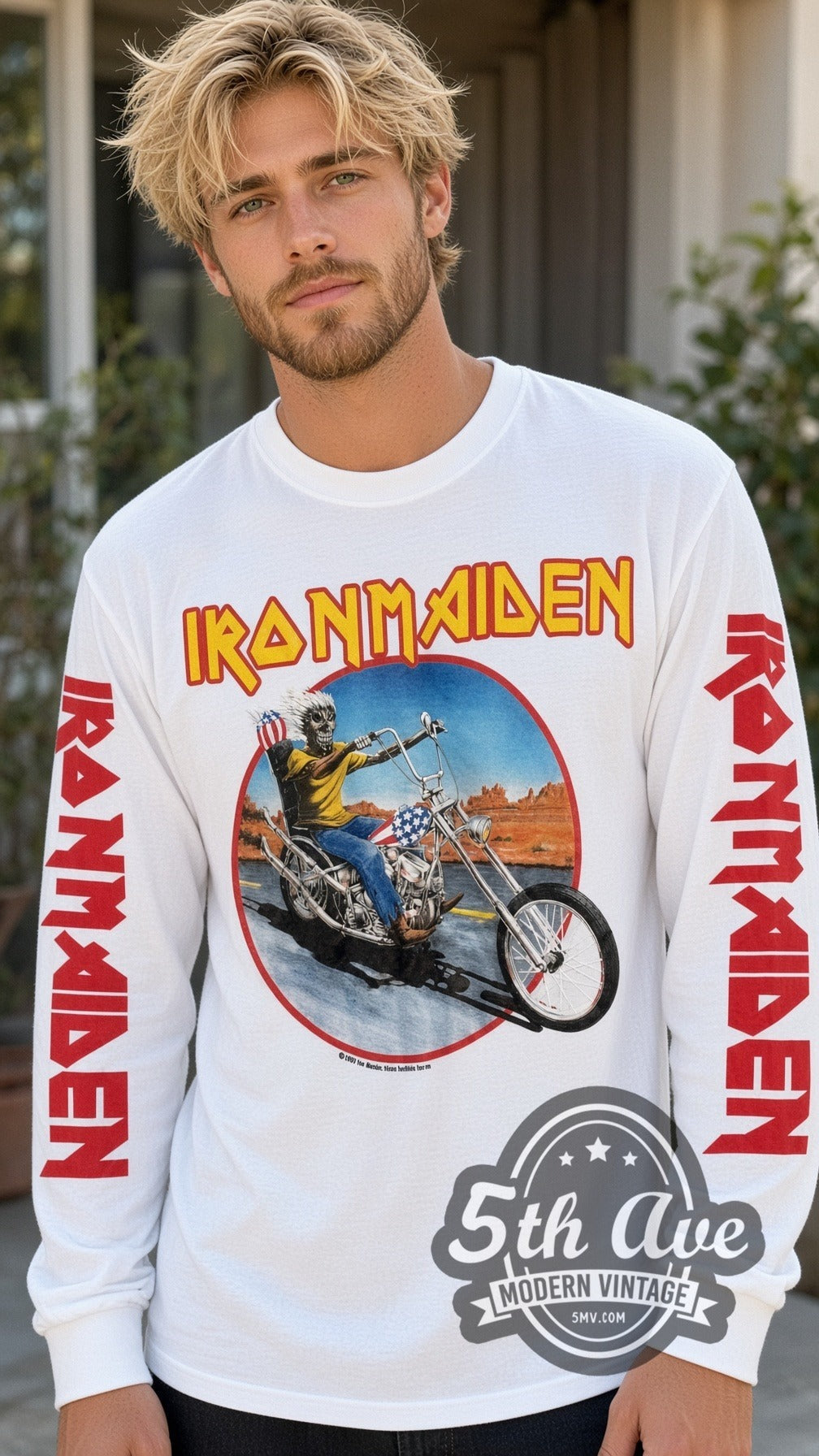 Iron Maiden – Eddie Motorcycle (White 3) – Vintage Band Long Sleeve T-Shirt
