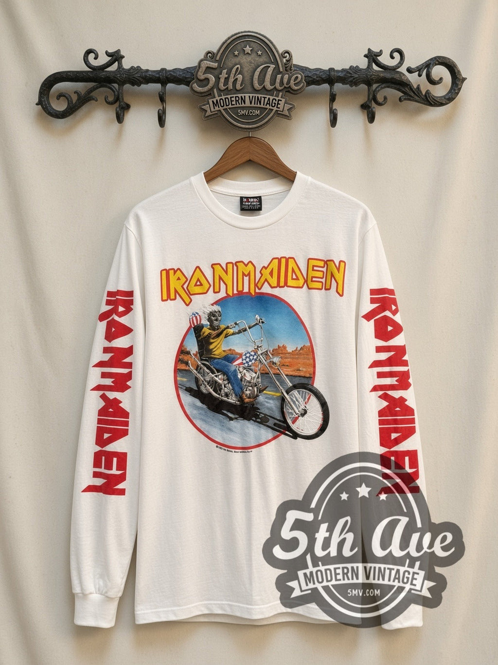Iron Maiden – Eddie Motorcycle (White 3) – Vintage Band Long Sleeve T-Shirt