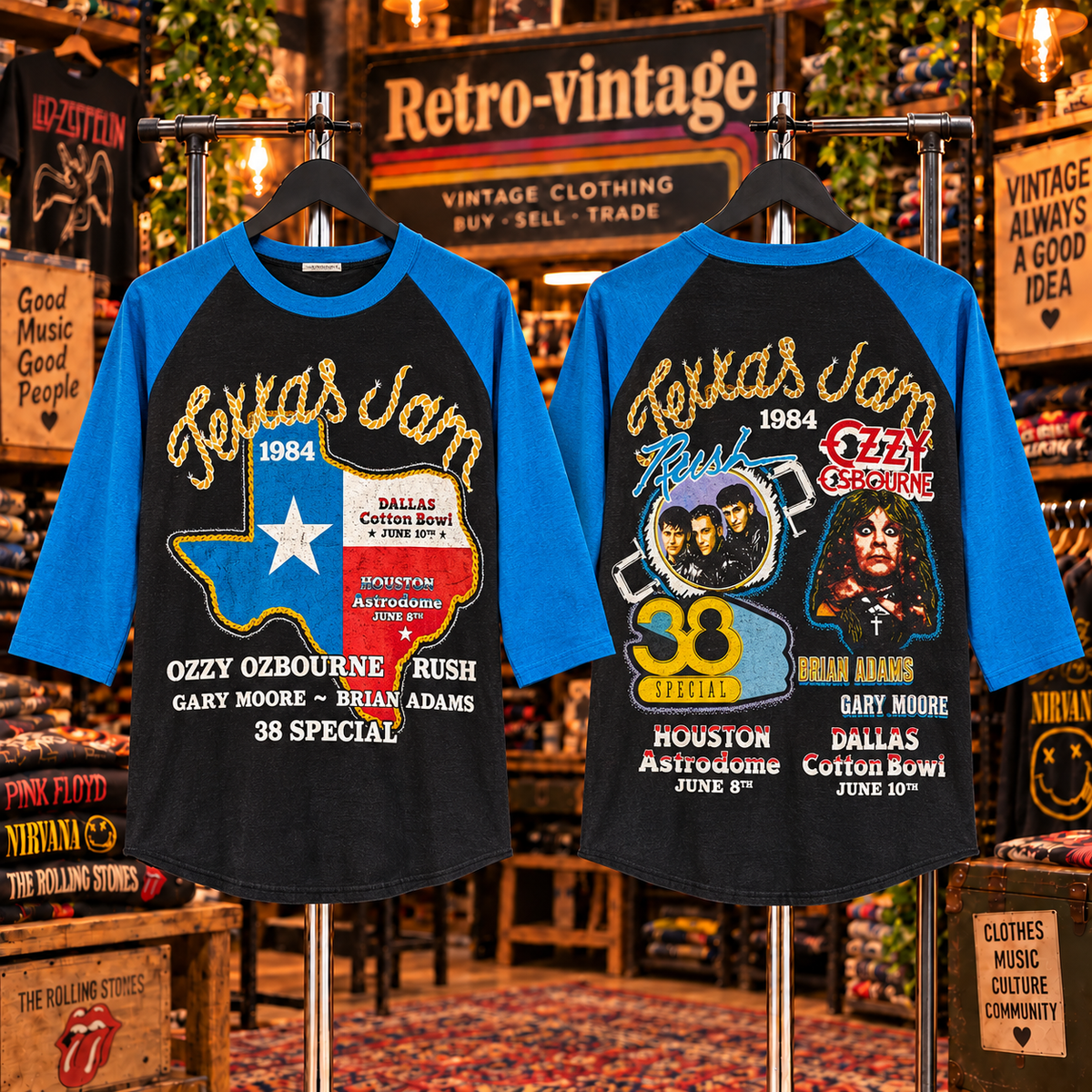 Texxas Jam inspired blue and black raglan, front and back