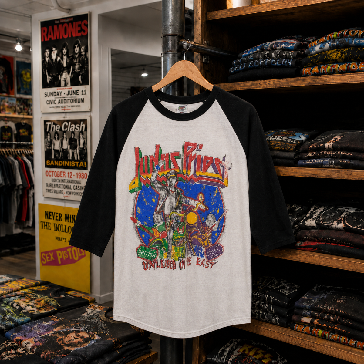 Judas Priest vintage-inspired raglan shirt displayed in store