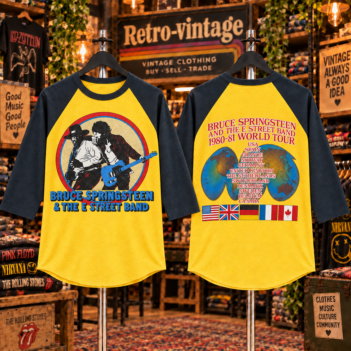 Golden yellow charcoal Bruce Springsteen raglan tee
