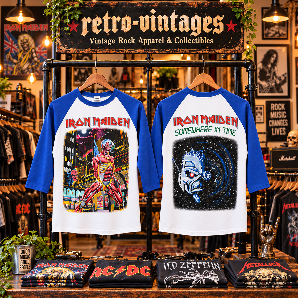 Iron Maiden Somewhere in Time blue-and-white raglan T-shirt shown front and back