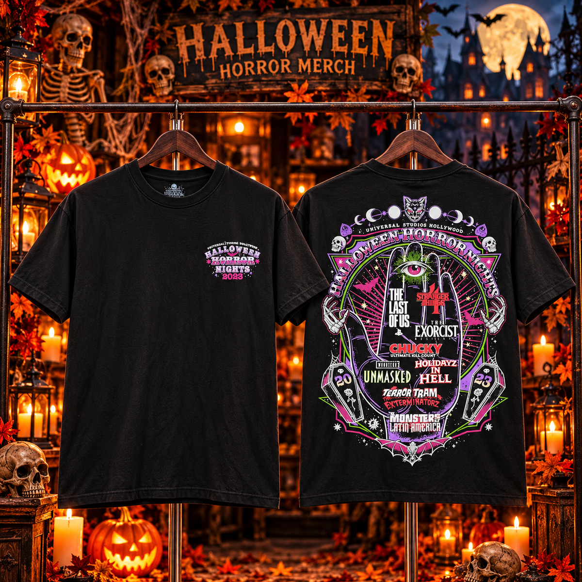 Halloween themed black T-shirt shown front and back in a vintage horror setting
