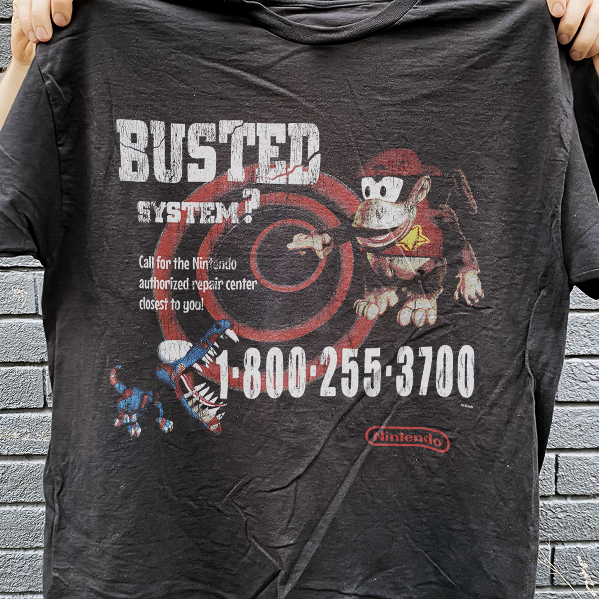 95 Nintendo Busted Systems Rare Employee Vintage Washed Black T-Shirt