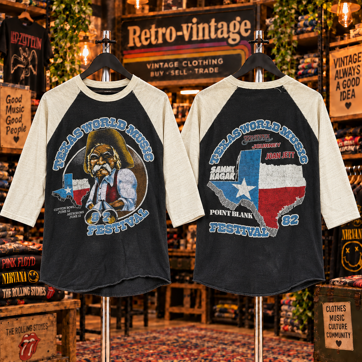 Texas World Music Festival raglan in washed black and natural, front and back