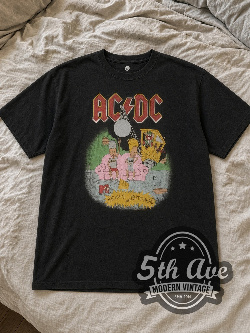 AC/DC x Beavis and Butt-Head – Pink Couch MTV Washed Black – Vintage Band T-Shirt