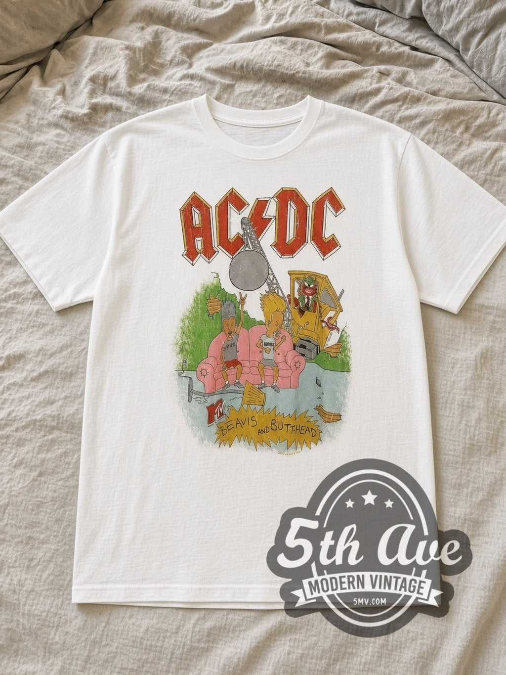 AC/DC x Beavis and Butt-Head – Pink Couch White Tee Wrecking Ball – Vintage Band T-Shirt