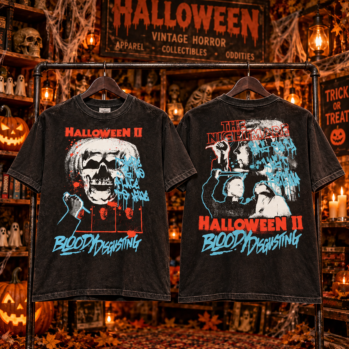Halloween II horror themed black T-shirt front and back