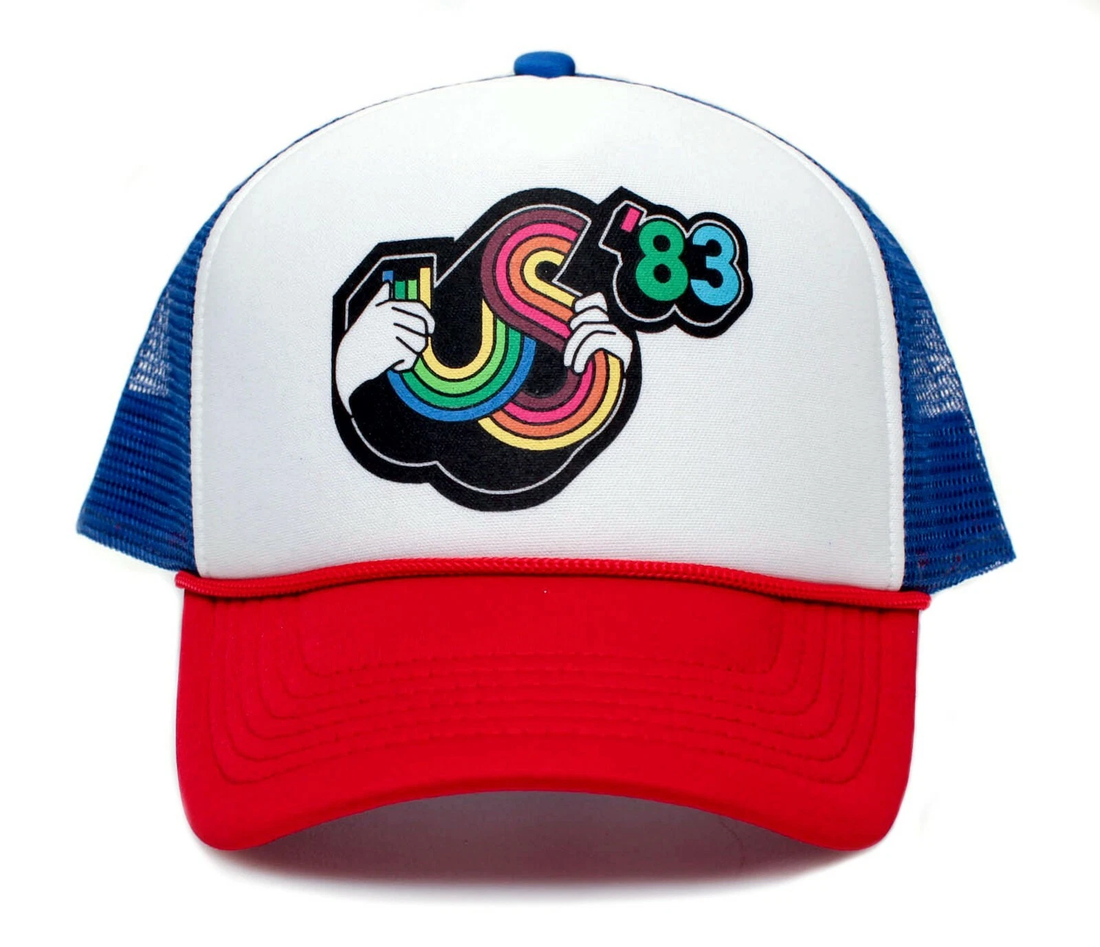 US 83 Festival trucker hat in red brim and blue mesh