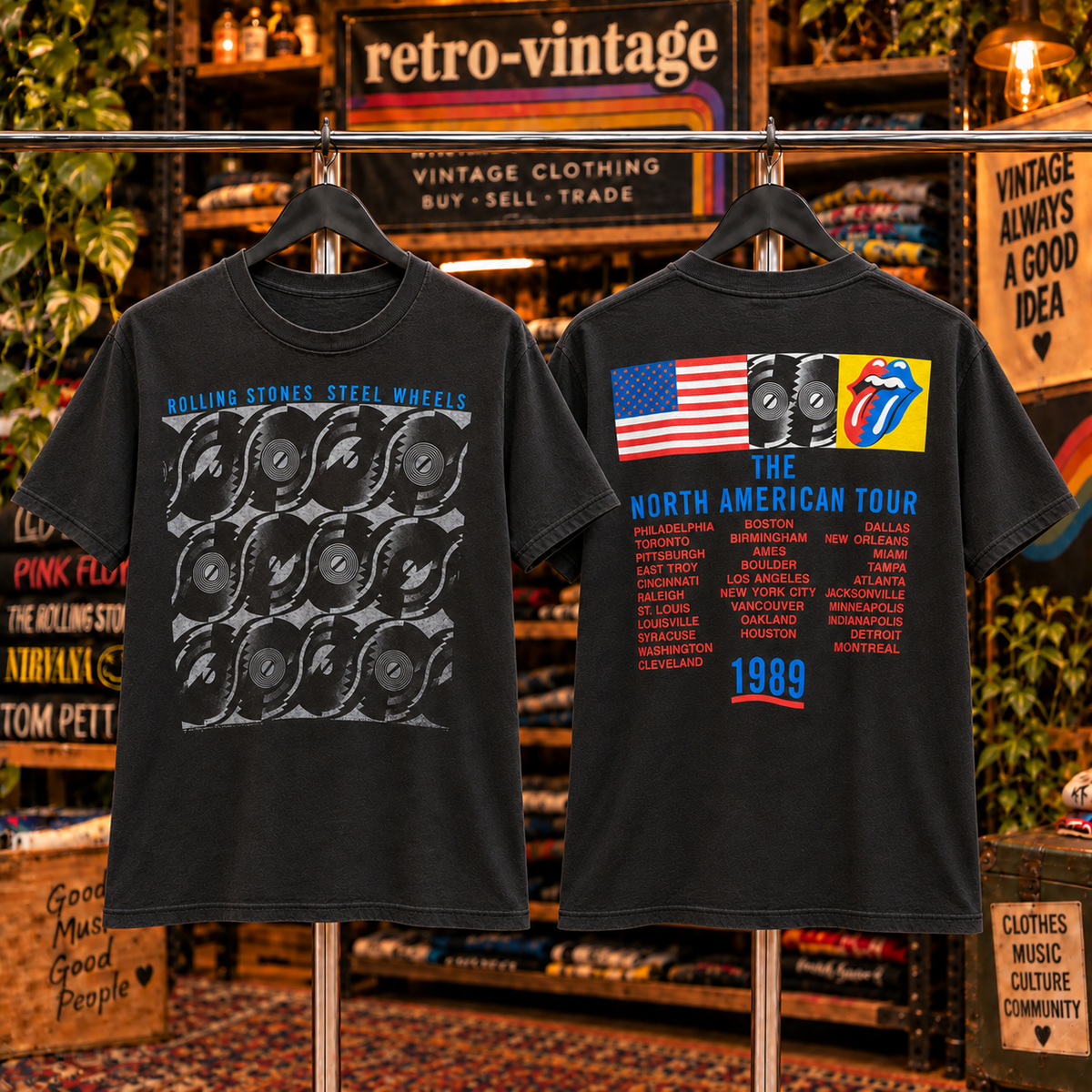 Rolling Stones Steel Wheels black T-shirt front and back