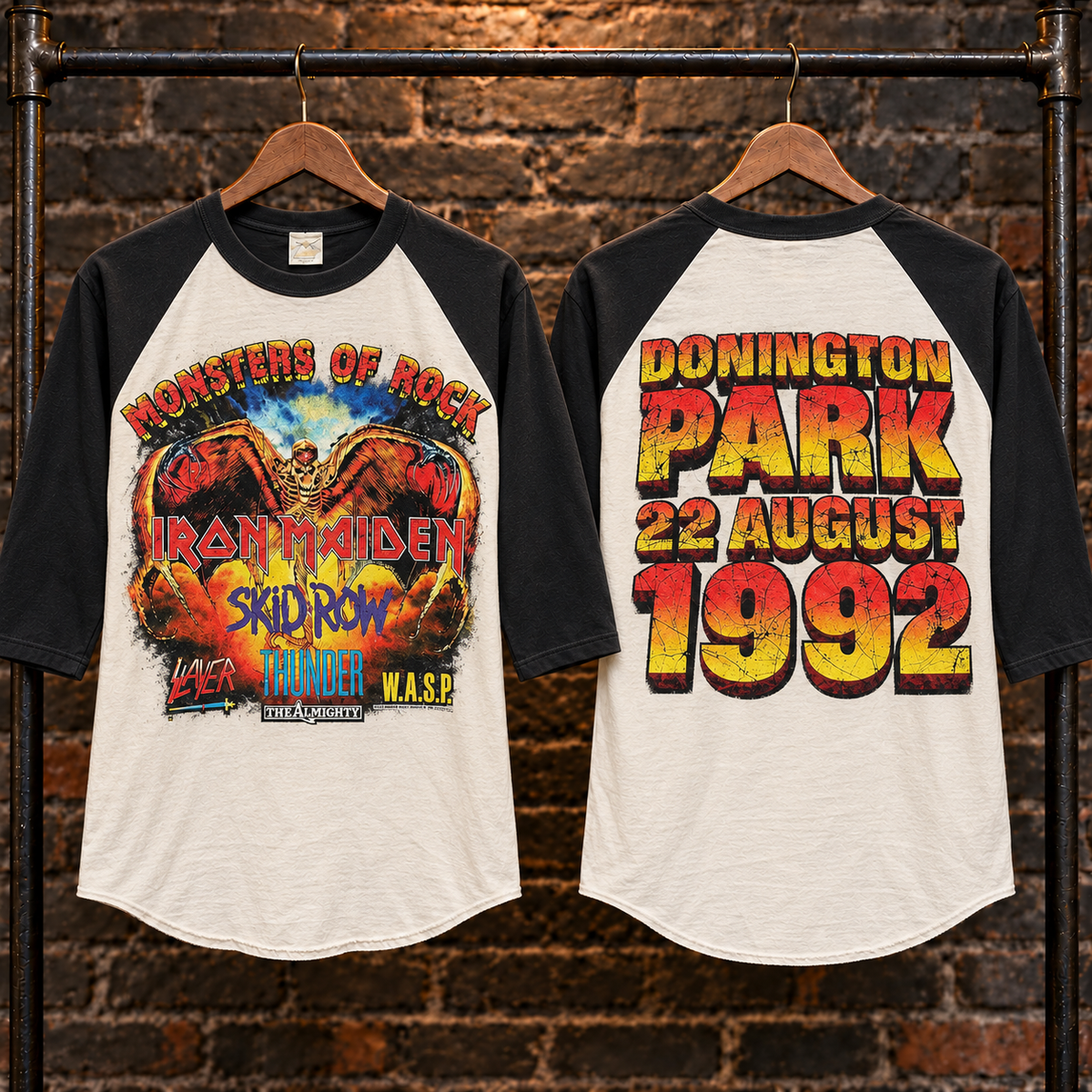 Vintage Monsters of Rock raglan T-shirt: full front and back views of the 1992-inspired print