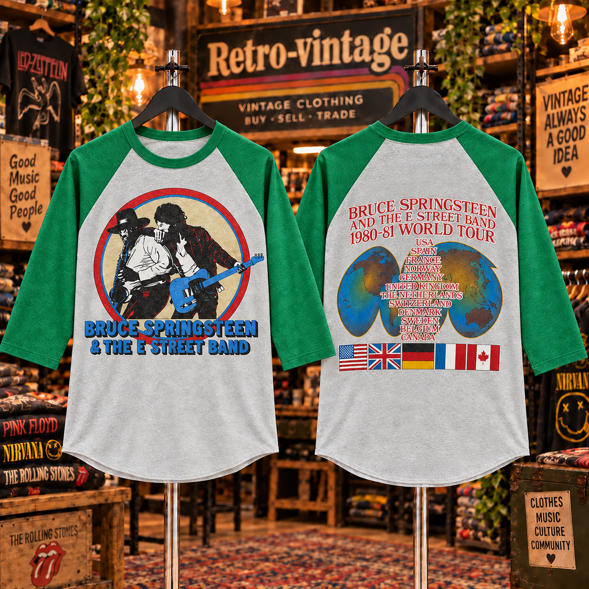 Green white Bruce Springsteen raglan tee