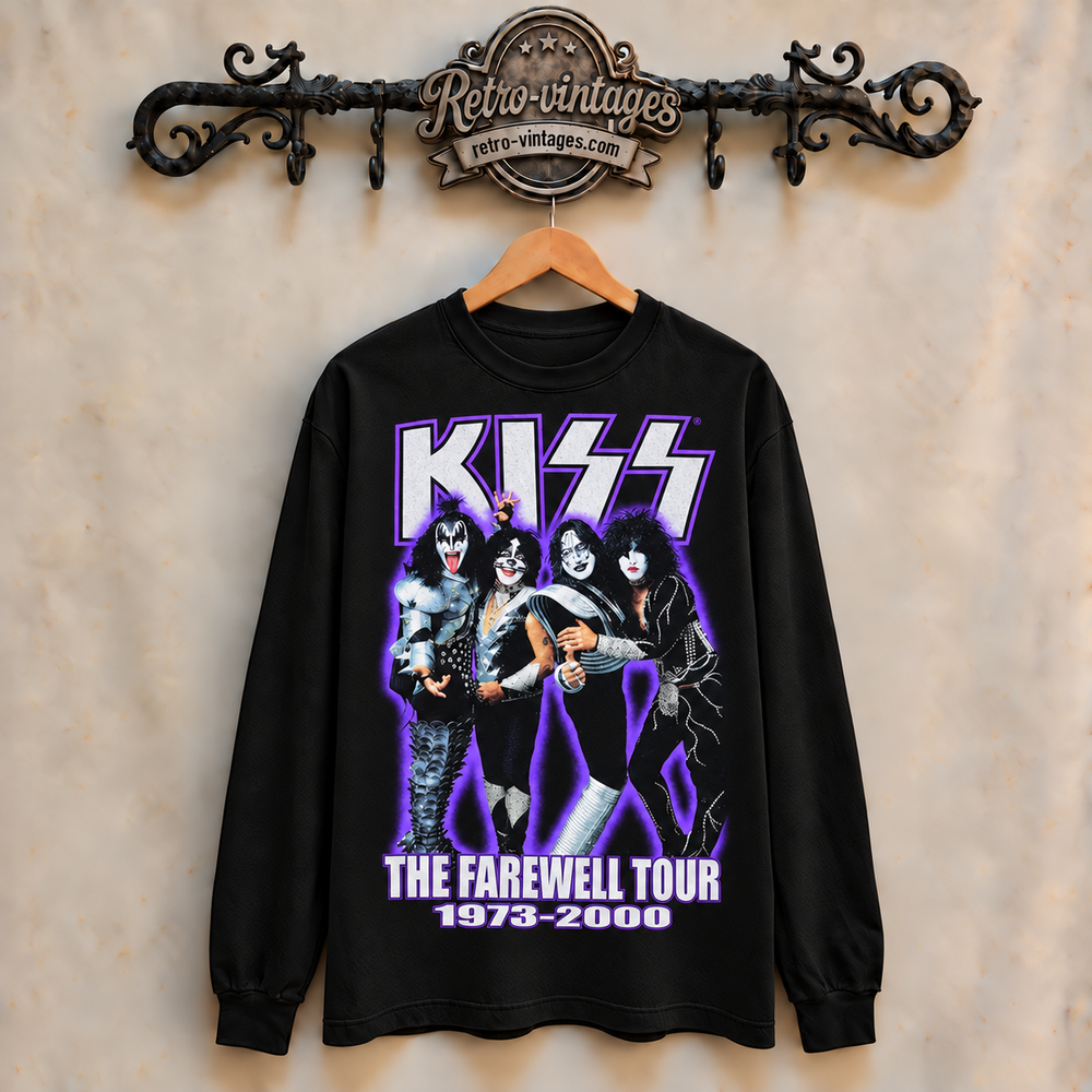 Black long sleeve KISS Farewell Tour design with purple lettering