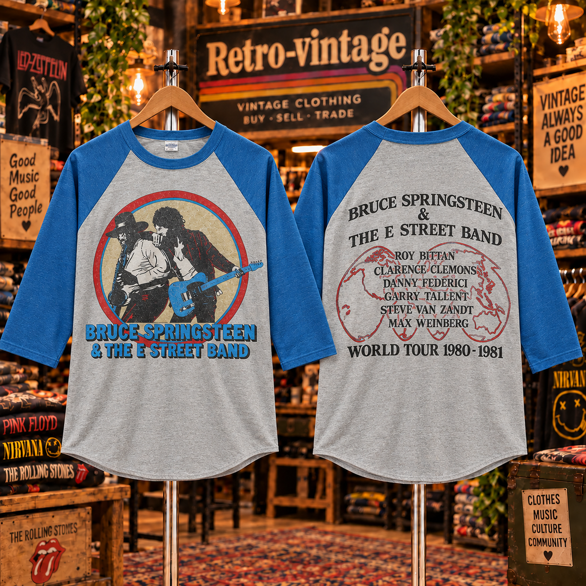 Bruce Springsteen raglan tee front and back blue heather version