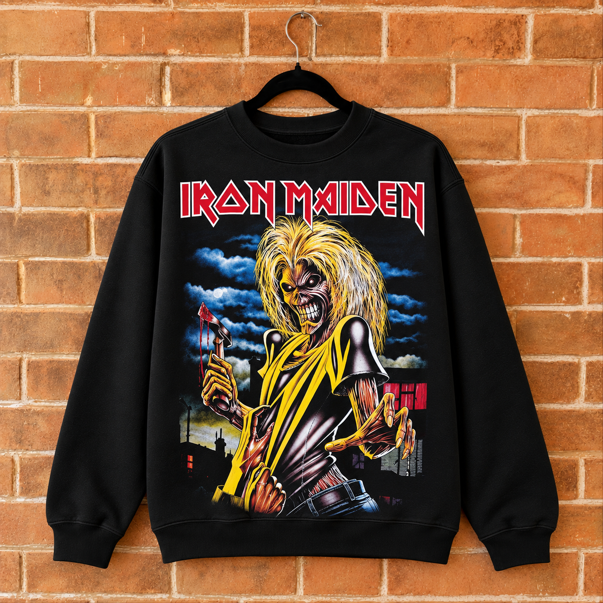 Black Iron Maiden sweatshirt with bold vintage-inspired heavy metal graphic